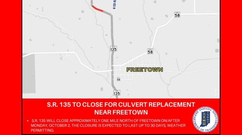 State Road 135 in Jackson County closing for a month